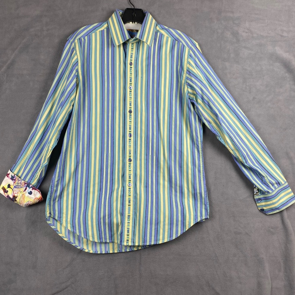 Robert Graham Mens Striped Button Down Shirt Blue Yellow Guitar Cuffs Size Small - Picture 5 of 10